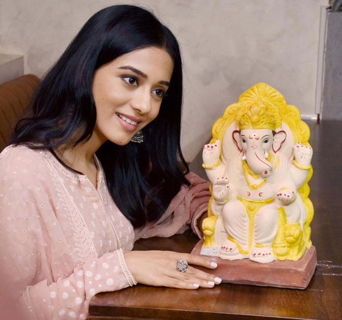 Amrita Rao has launched a campaign called Eco Bappa Morya for spreading pre-awareness to promote eco-friendly immersion and eco-friendly idols during the upcoming Ganesh Chaturthi festival on Thursday in Mumbai. Dressed in a millennial pink coloured suit, the actress looked ethereal. 