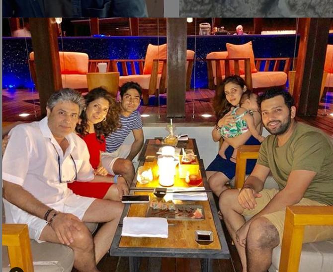 Rohit Sharma posted this picture along with Ritika Sajdeh, her parent and brother during a dinner outing in Maldives.