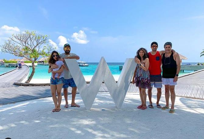 Rohit Sharma and Ritika Sajdeh holidaying with their family in Maldives. Rohit called it 'home away from home.'