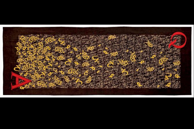 Q?, Resist block printing with mineral dye, on handwoven kala cotton, Ari embroidery, 94 x 34 inches, 2019