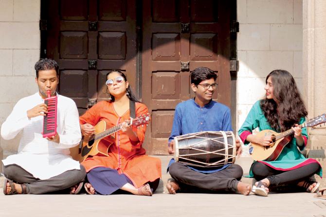 (From left) Rahul Gajjal (melodica), Pranita Nair Pandurangi (vocals and guitar), Mrunmay Chavan (dholak) and Yashashree Uchil (mandolin)