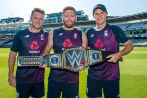 England cricket heroes celebrate World Cup success with WWE Title