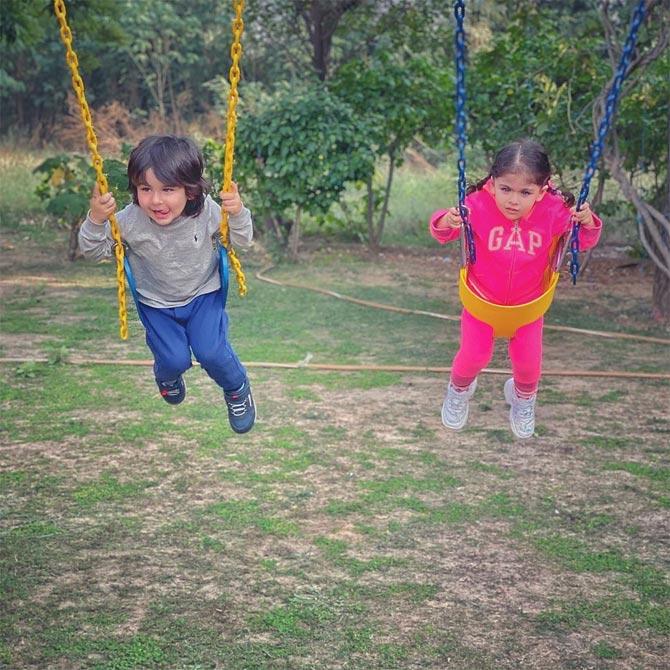 Taimur and Inaaya Naumi let loose on the palace grounds and made the most of their holiday in Pataudi. Look how happy and excited Tim and Inni look swinging away. Soha shared this picture and wrote alongside, 