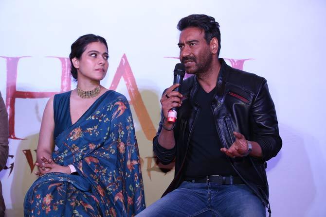 The trailer shows Ajay Devgn essaying the role of brave Maratha warrior Taanaji Malusare fighting for the principles 'Bhagwa' (saffron) flag and 'Swaraj' (home-rule) and 'Satya' (truth).
In picture: Ajay Devgn and Kajol, who play husband and wife on-screen once again after U, Me Aur Hum, talked about Tanhaji: The Unsung Warrior at the event.