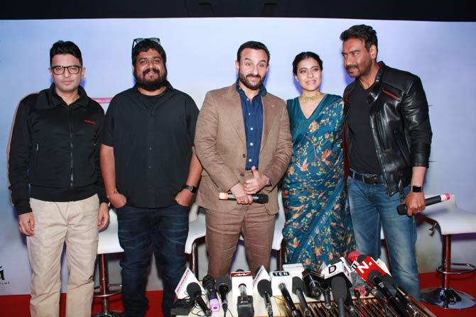 The movie also features Neha Sharma, Jagapathi Babu and Pankaj Tripathi in the lead roles. Helmed by Om Raut and produced under the banner of Devgn's ADF and Bhushan Kumar's T-Series. The 3D movie is set to release on January 10, 2020.
In picture: Bhushan Kumar, Om Raut, Saif Ali Khan, Kajol and Ajay Devgn pose for the photographers.