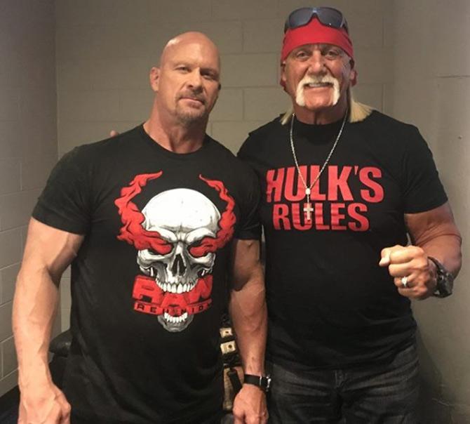 Stone Cold Steve Austin with Hulk Hogan. About the picture, Austin said, 'Today on the Steve Austin Show I shoot the breeze with one of, if not the biggest, star in the history of Professional Wrestling. @hulkhogan is my guest today. On @PodcastOne and Apple Podcasts. We just scratched the surface. More to come next time we cross paths.'