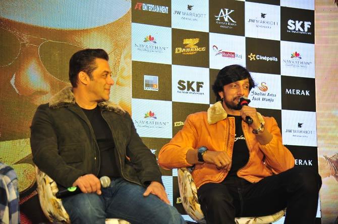 Dabangg 3 stars Salman Khan, Sonakshi Sinha, Arbaaz Khan and Kichcha Sudeepa in the lead roles. Dabangg 3 will mark the Bollywood debut of Mahesh Manjrekar's daughter Saiee Manjrekar.
In picture: Salman Khan and Kichcha Sudeepa share some insights about the film at the press conference.