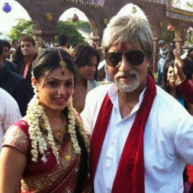 Anjana made her mark with her first advertisement for a popular chocolate brand. She was seen opposite Amitabh Bachchan in the ad.
Pictured: Anjana Sukhani poses with Amitabh Bachchan during the shoot of their 2012 actioner Department