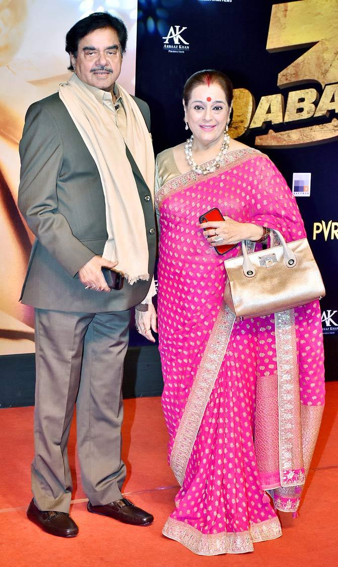 Sonakshi Sinha's parents veteran actor and politician Shatrughan Sinha and wife Poonam were all smiles as they posed for the photographers at their daughter's film screening in Juhu.