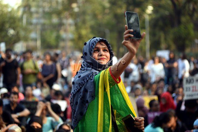 A woman takes a selfie at the protest site in South Mumbai
Picture courtesy: Atul Kamble