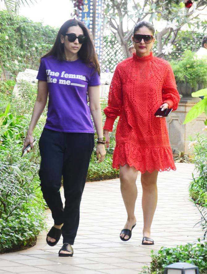 Taimur Ali Khan turned three on December 20, and his parents Saif Ali Khan and Kareena Kapoor Khan hosted a Christmas-themed birthday party in Bandra, Mumbai. The actress was first seen in a red casual dress. All pictures/Yogen Shah
In picture: Kareena Kapoor and Karisma Kapoor reached the venue to take a look at the preparation.