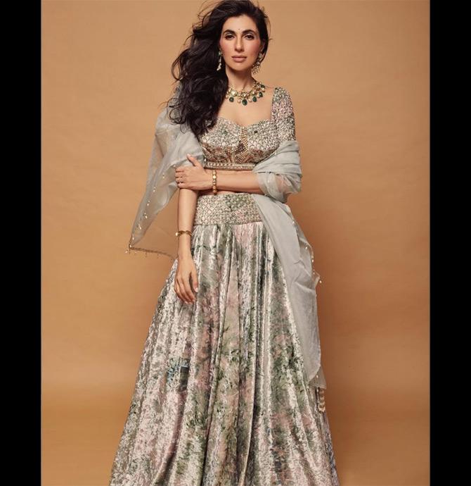 She wears a floral lehenga with pearl detailing to what she calls, 