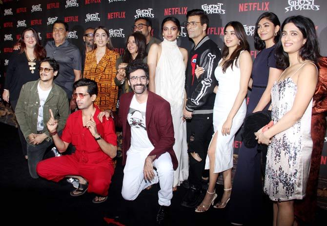 The entire cast and crew of Ghost Stories pose for the photographers at the special screening of their film.