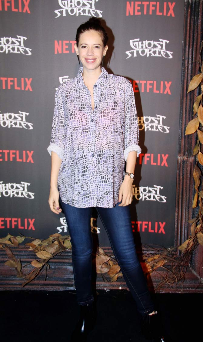 Kalki Koechlin opted for a monochrome shirt, paired with basic denim for the screening of Ghost Stories.