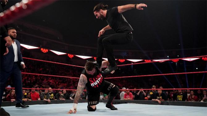 Seth Rollins then emerged and delivered a Curb Stomp on Kevin Owens leaving him lying on the mat once again