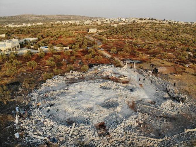 An aerial view taken on October 27, 2019, shows the site that was hit by helicopter gunfire which reportedly killed nine people near the northwestern Syrian village of Barisha in the Idlib province along the border with Turkey, where 
