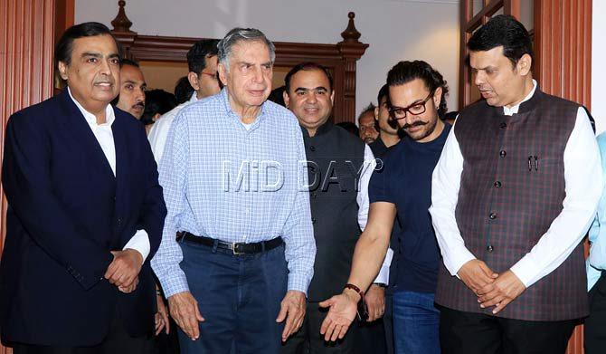 In photo: Ratan Tata with Mukesh Ambani, Aamir Khan and former Chief Minister of Maharashtra Devendra Fadnavis at an event in Mumbai