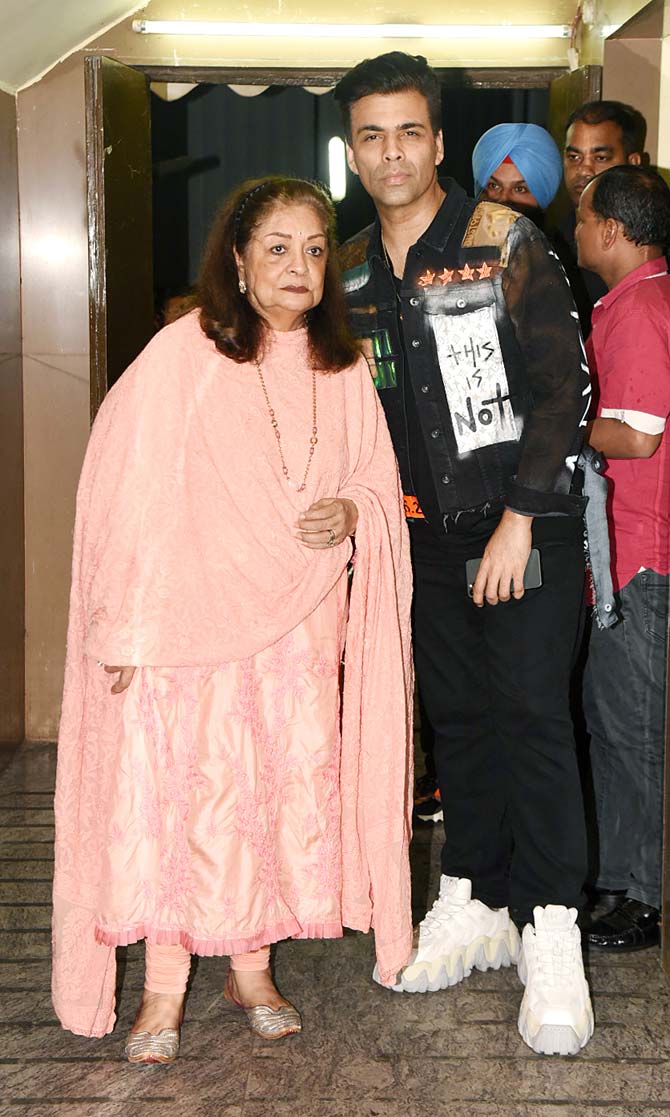 Filmmaker Karan Johar came in with mother Hiroo Johar for the special screening of Good Newwz.