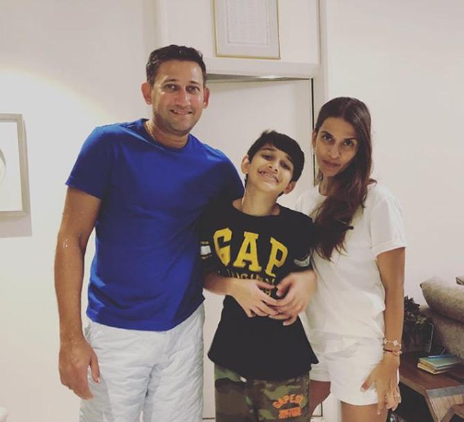 Ajit Agarkar's wife shared this photo along with him and their son and captioned it: The two men who make sure every moment is lively #family #memories #sundays #banter #discussions #chilling #fun