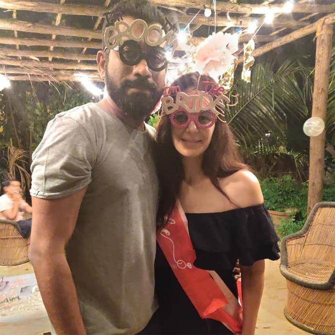 Shyam Gopalan and Mona Singh pose for a picture wearing their 'I'm Groom to be' and 'I'm Bride to be' goggles.