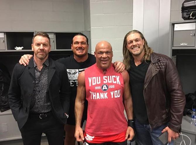 WWE superstar and former world heavyweight champion Edge shared a candid photo along with Christian, Kurt Angle and Rhyno after Angle's final match. He captioned it, 'Team RECK. Lots of laughs and good times had with these guys. Tonight was @therealkurtangle last match. One of my absolute favorite opponents. Felt like magic every time we were in there together. Love ya Kurtski. Oh and sorry about that whole #YouSuck chant.'