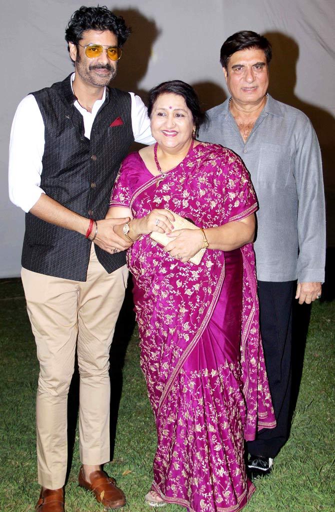 Raj Babbar with his wife Nadira Babbar and Anupam Kher's son Sikander Kher. The trio were all smiles for the photographers.