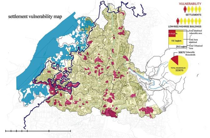 This map shows the total inhabited vulnerable area that will be prone to flooding (maroo), total urbanised area (yellow), areas affected by high tide (blue) and projected high tide line (dark blue). Map/Uday Mohite, Courtesy/Of Land or Water?
