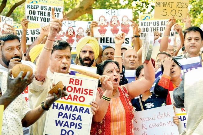 Punjab and Maharashtra Cooperative (PMC) Bank’s depositors during a protest outside the Reserve Bank of India at BKC recently. PIC/PTI