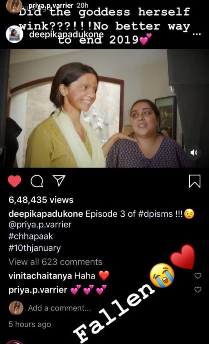 Priya Prakash Varrier leaves an emotional reply to Deepika's video