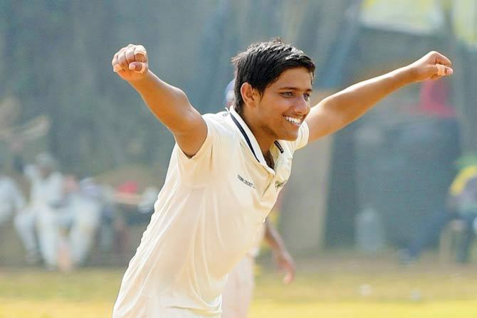 VK Krishna Menon Academy’s Kush Yadav celebrates his 10-wicket match haul yesterday
