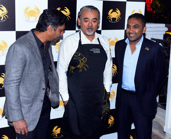 Co-owners of the restaurant Kumara Sangakkara and Mahela Jayawardene with the head chef in this picture. The duo, known for leading Sri Lanka cricket in the last two decades, jointly opened the restaurant in Sri Lanka initially, where it became a huge hit with restaurant goers