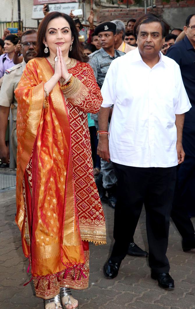 Nita Ambani and Mukesh Ambani were accompanied by their younger son, Anant Ambani as they sought blessings for the couple, Akash Ambani and Shloka Mehta