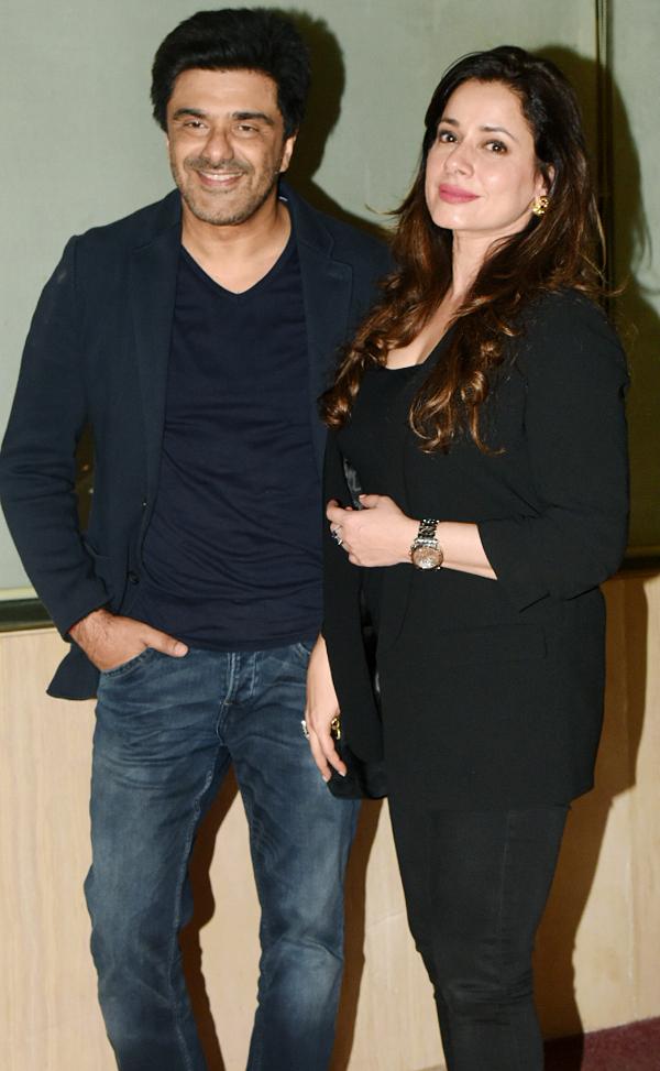 Neelam Kothari was clicked with husband-actor Samir Soni at the naming ceremony of Ekta Kapoor's son Ravie Kapoor. The couple was dressed in semi-formals for the occasion.