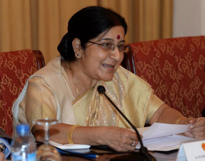 Sushma Swaraj speaks during a meeting with Vietnamese Deputy Prime Minister and Minister of Foreign Affairs Pham Binh Minh (not pictured) in Hanoi on August 25, 2014. Swaraj is on a two-day visit focused on bilateral ties