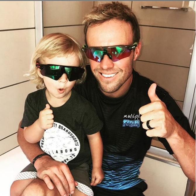 AB de Villiers has some of the best stats for a batsman in South African cricket's history, he has scored 8,765 runs with 22 hundreds in Test matches. AB de Villiers also scored 9,577 runs in ODIs which includes 25 hundreds.
In picture: AB de Villiers with his son