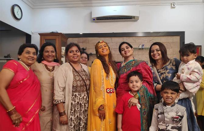 In photo: Haldi clad bride, Mitali Borude poses for a quick picture with close friends and family members post her Haldi ceremony. Pic/Facebook Priyanka Madhav Borude