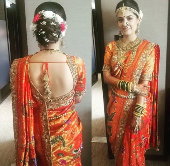 For the traditional Maharashtrian style wedding, Amit Thackeray's wife Mitali donned a Paithani in which she looked beautiful. Mitali's make up was done by Bollywood make-up artist Mickey Contractor and her hair by celebrity stylist Shagufta Sayed. Pic/Instagram Shagufta Fazal Mehmood Sayed