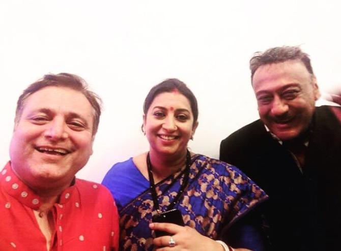 Smriti Irani shared this throwback picture with actor Jackie Shroff from IFFI 2017: Showing her wit and funny side, Smriti captioned this one: Met Jaggu Dada after ages, with Manoj Bhai we formed the gujju club at Iffi 2017!