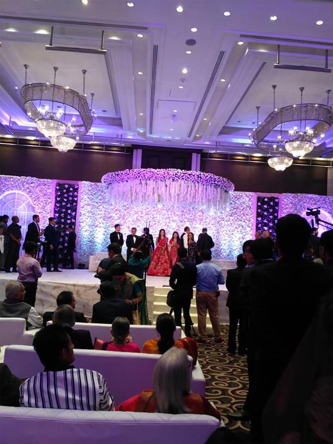 In photo: Amit Thackeray and Mitali Borude are seen posing with their parents Raj and Sharmila Thackeray and Sanjay and Sandhya Borude, as they start the reception festivities. Pic/Facebook Manisha Vaidya