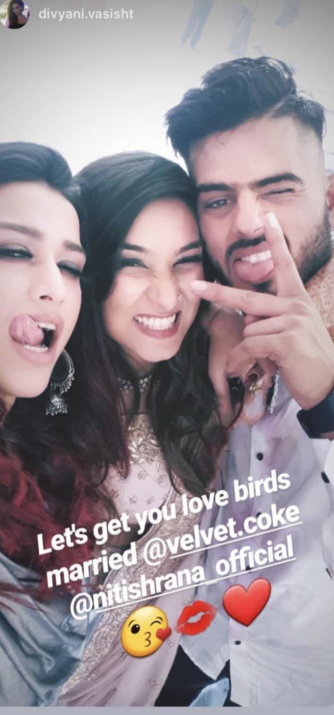 Saachi Marwah's friend Divyani shared this picture on Instagram of herself with Nitish Rana and Saachi Marwah from their cocktail party.