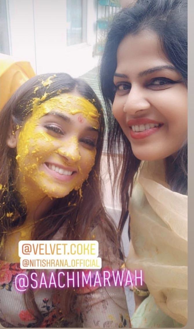 Saachi Marwah shared this picture which one of her friends posted, from her Haldi ceremony that took place during her wedding with Nitish Rana.