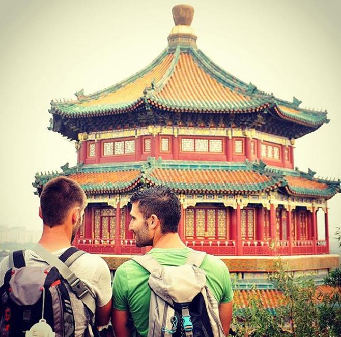 The couple first met at London's Gay bar in February 2009 when their eyes met each other. It was truly a 'love at first sight' moment for the two lovebirds. And the rest, as they say, is not history but what the two would like to call 'Nomadic Boys'.
In picture: Stefan and Sebastien pose in front of the Summer Palace in China.