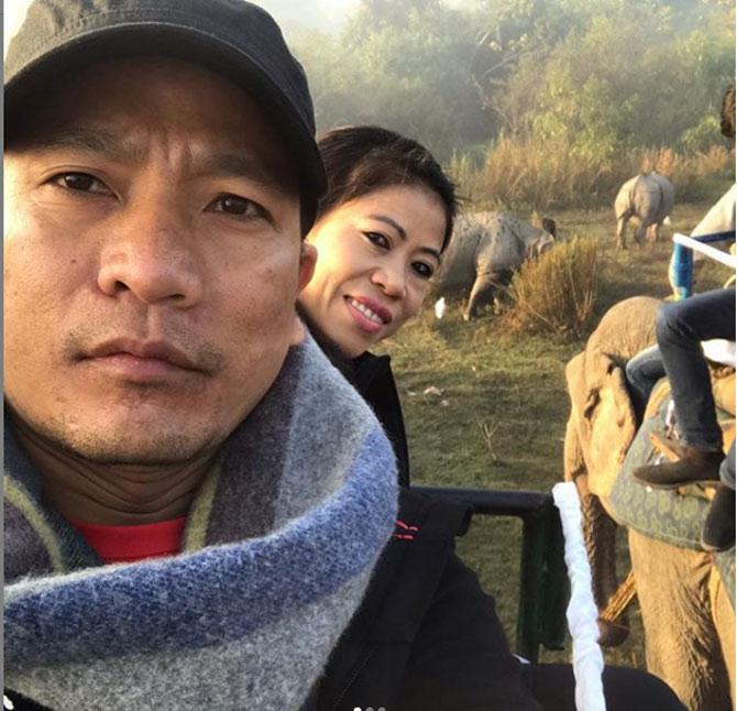 Mary Kom became the first Indian woman boxer to get a Gold medal in the Asian Games in 2014 in South Korea and is the first Indian woman boxer to win Gold at the 2018 Commonwealth Games.
Mary Kom posted this picture from a Safari with her hubby Onler Kom and wrote, 