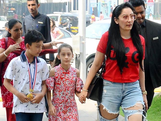 Maanayata Dutt was spotted with kids Shahraan and Iqra at a popular restaurant in Bandra, Mumbai. The mother of twins took her kids to a lunch outing in the city. All pictures/Yogen Shah