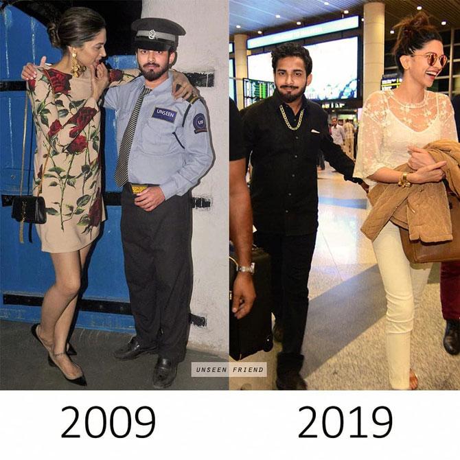 The Unseen Friend also keeps up with viral trends like the recent 10 Year Challenge. He wrote, I would like to take this moment to thank @Deepikapadukone . Ye unn dino ki baat hai (these were during the days) when I used to work as a security guard for a society, where I met her for the first time. Wohi pe (It was there) she offered me to be her lifetime Manager and I humbly accepted. Best decision of my life. It's only because of her that I'm able to make friends with all these celebrities. Fortunately, she's my Bhabhi (sister-in-law) now as she has married a Boy from my Gully where I used to stay. She also gifted me this phone from which I'm posting this. Thank you Bhabhiji (sic)
#Blessed #SabkaTimeAayega #10YearChallenge
 