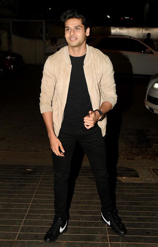 Abhimanyu Dassani arrived for the party looking stylish in a black tee, jeans and beige jacket.