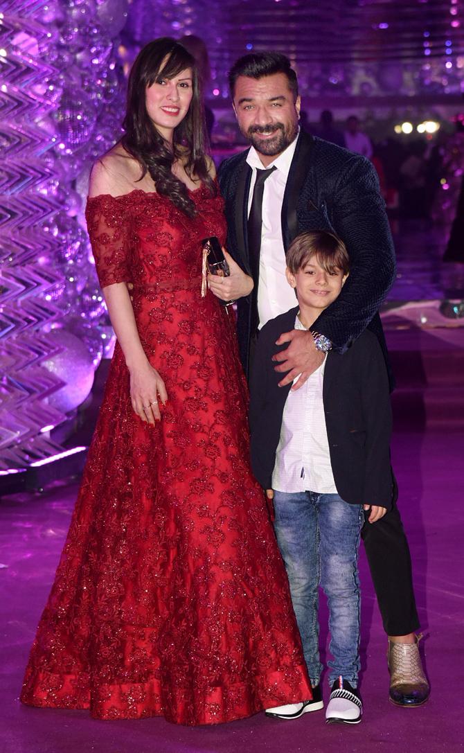 Bigg Boss fame Ajaz Khan was clicked with his wife Andrea and son Alexander at Azhar Morani's sangeet bash.