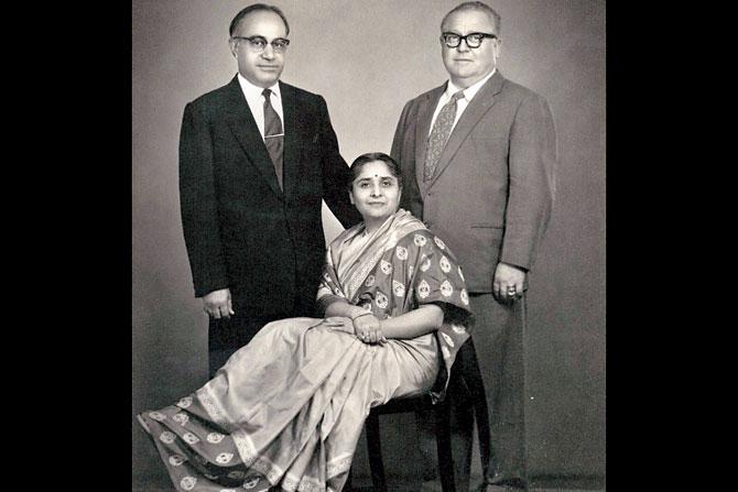 A Hamilton Studio shot of Bhagwandas Kamdar and his wife Pushpa, with their furniture firm-s stellar design head, Ernst Messerschmidt, who  arrived in India to furnish Indore-s Manik Bagh Palace in Art Moderne style around 1930. Art Moderne - an American, intense version of Art Deco which originated in France - is described as "Art Deco on steroids". Coutesy/Vikram Kamdar