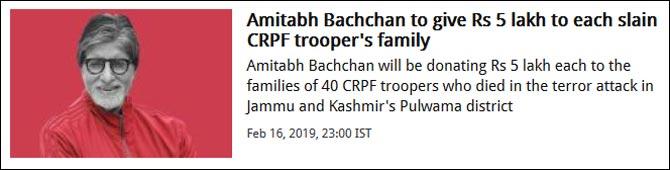 Amitabh Bachchan to give Rs 5 lakh to each slain CRPF trooper