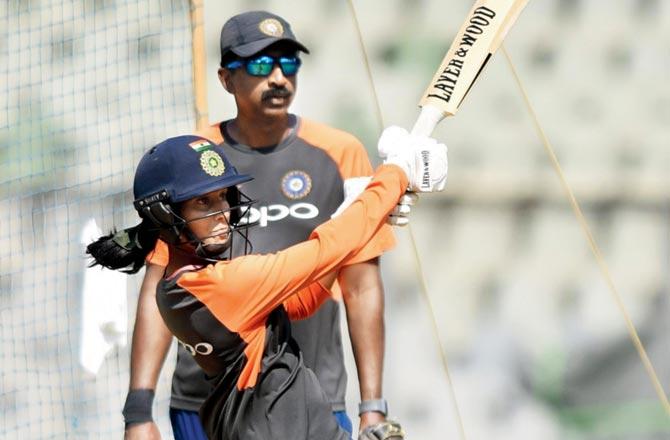 Jemimah Rodrigues slams one during a practice session at the Wankhede yesterday. Pic/Suresh Karkera